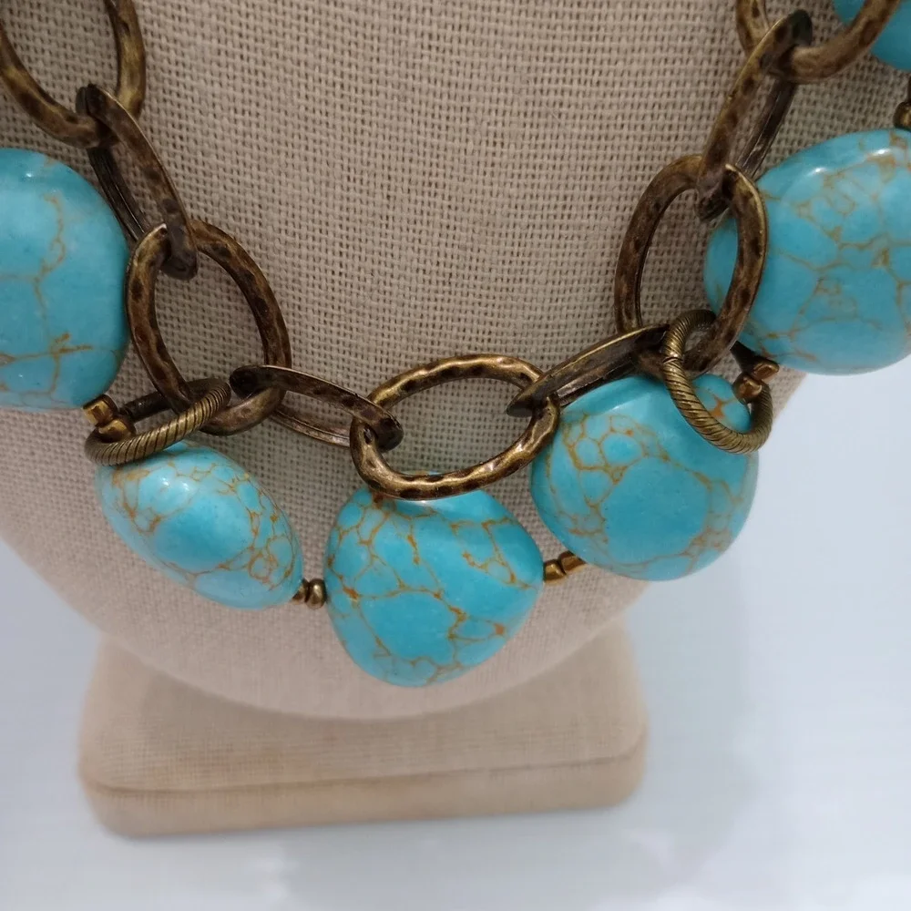 Premier Designs Turquoise Statement Necklace Gold Tone Signed